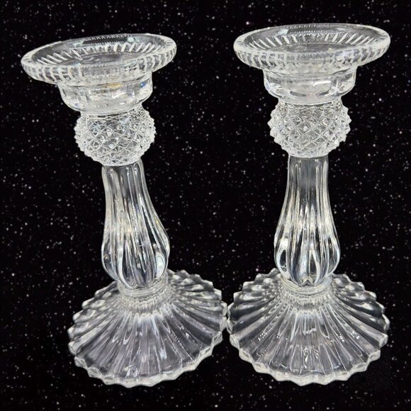 1980s Clear Crystal Diamond Point Candle Stick Holder Set 2 Candle Holder VTG - Picture 3 of 15